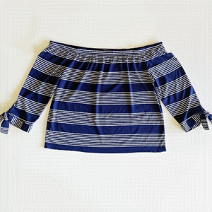 Reitmans Navy Stripe Off Shoulder Tie Sleeve Cropped Top Size XL